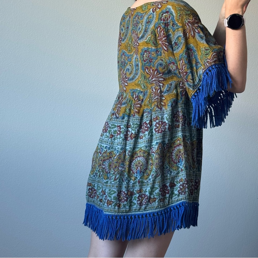 Boho Paisley Fringe Tunic Dress Festival Hippie Folk Kimono Tassel Mini OS - Picture 5 of 12